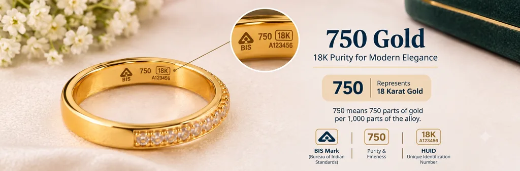 750 gold purity marking on 18K BIS hallmarked gold jewellery