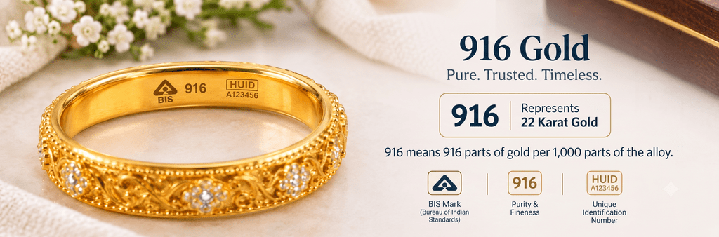 916 gold purity marking on BIS hallmarked gold jewellery