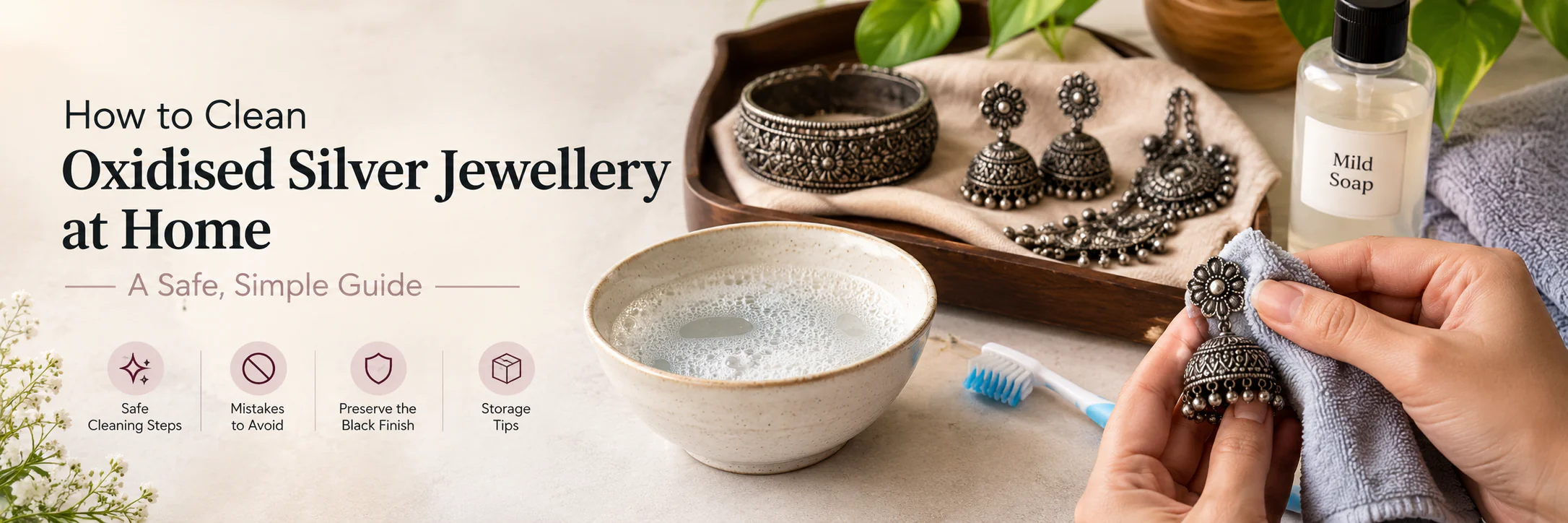 Clean oxidised silver jewellery at home with a soft cloth