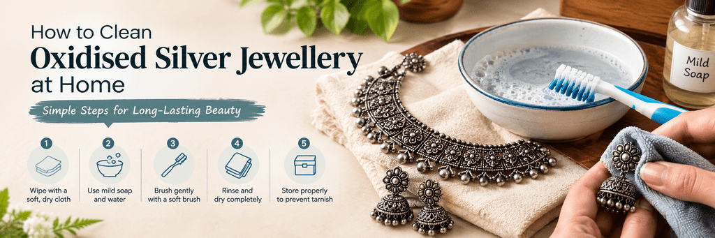 How to clean oxidised silver jewellery safely with mild soap and a soft brush